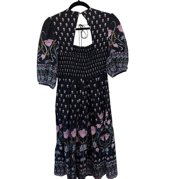 NEW Anthropologie Smocked Black Floral Midi Dress Short Sleeve Size Small $180 - Picture 7 of 14
